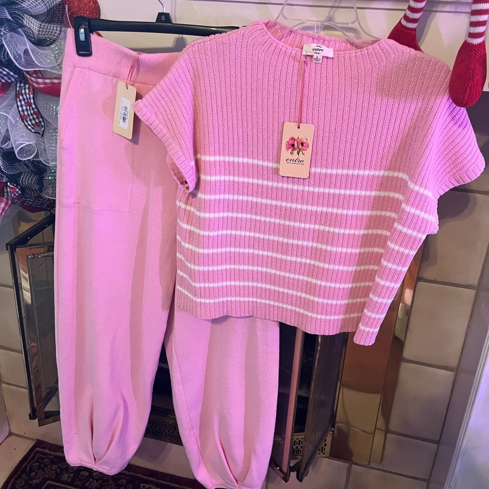 Pink Striped Knit Top and Pants Set
